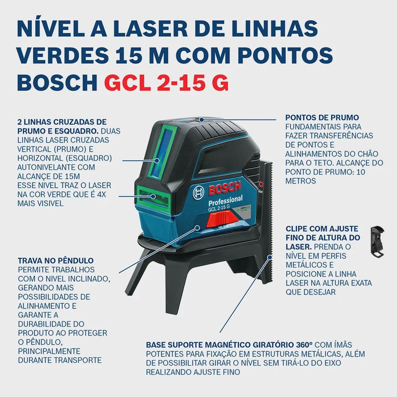 Nível A Laser De Linhas E Pontos 15m Verde Gcl 2-15 G Bosch