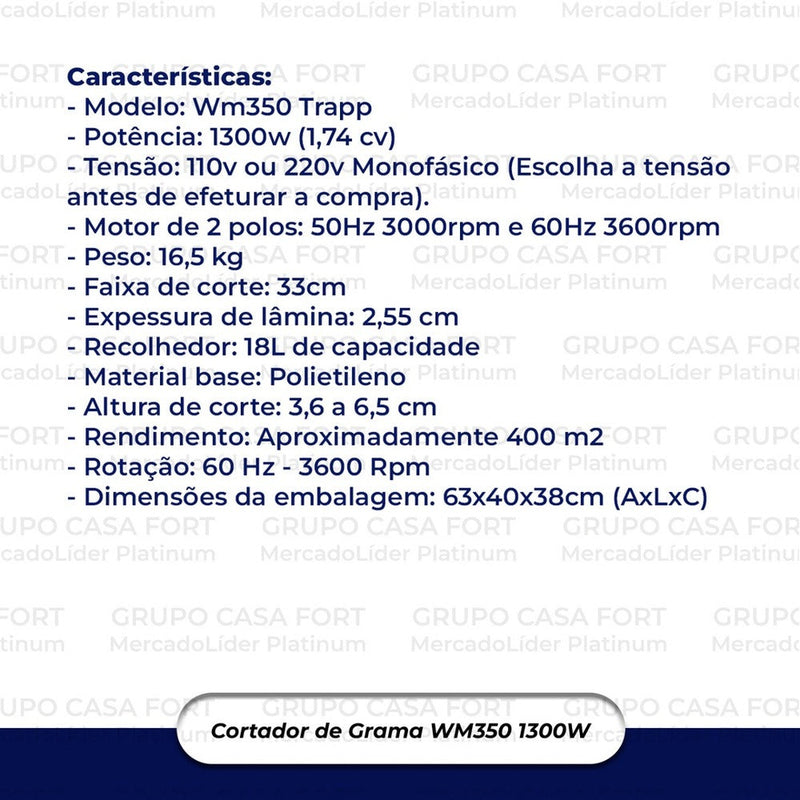 Cortador De Grama Elétrico Trapp Com Recolhedor Wm350 1300w 220v