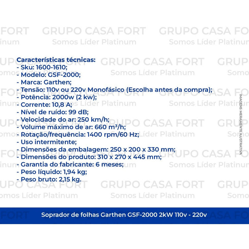 Soprador De Folhas Garthen Gsf-2000 Elétrico 2000w 220v