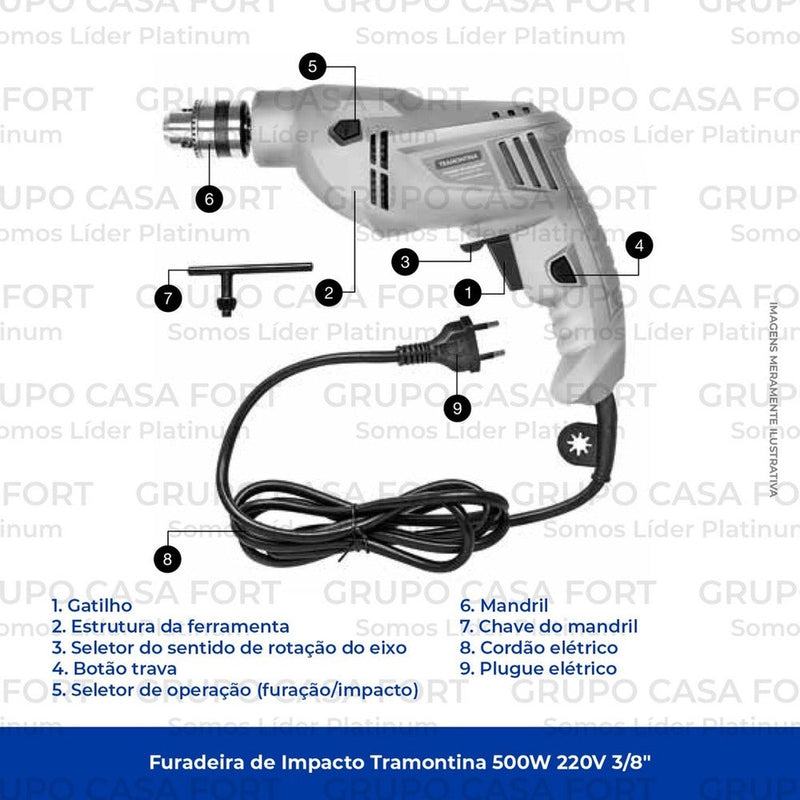 Furadeira De Impacto Cinza Tramontina 500w Econômica 220v